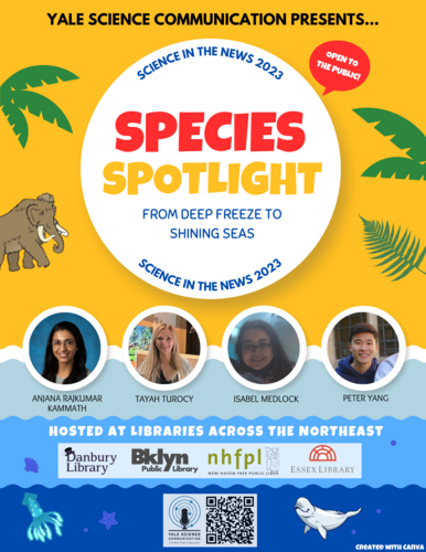 A flyer advertising species spotlight talks includes images of mammoths, squids, and whales