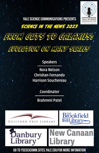 Poster advertising From Guts to Galaxies talks. From Guts to Galaxies is shown in yellow block letter on top of a background image of stars.