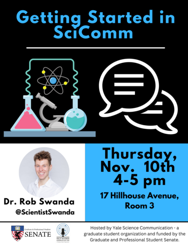 Poster advertising Getting Started in SciComm event on Thursday Nov 10th.
